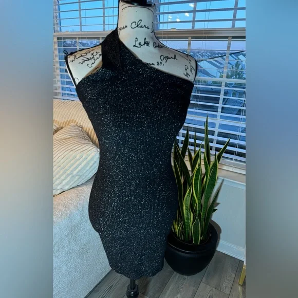 Sincerely Jules Dress Womens Small Black Metallic Knit Halter Bodycon - Picture 2 of 13